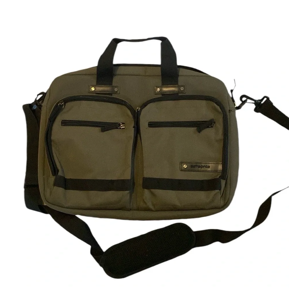Samsonite travel bag laptop olive green strap multiple pockets 16x11.5”